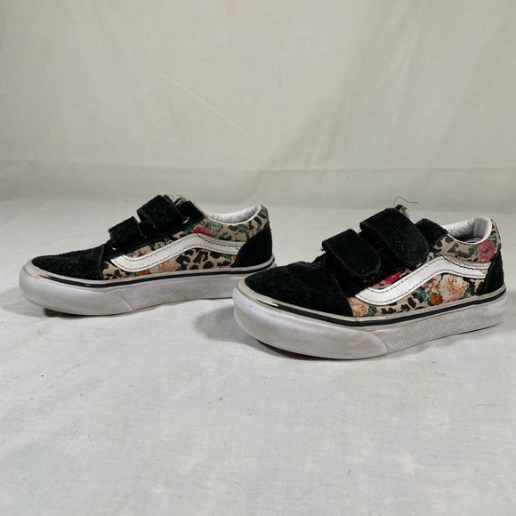 Vans Other - Vans Old Skool Girls Kids 11 Leopard Floral Velcro Closure Suede Black Shoes